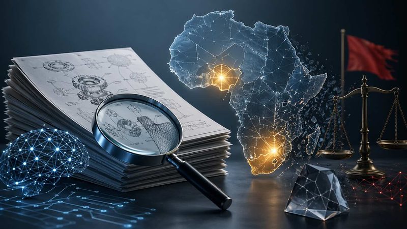 Ilustración temática sobre el debate de memorias de patente redactadas con IA y el riesgo de invalidez en Sudáfrica y Nigeria