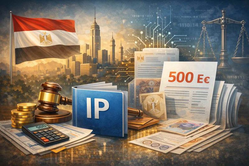 Imagen temática sobre la revisión de tasas oficiales de la EGIPA y el nuevo recargo por servicios marcarios en Egipto