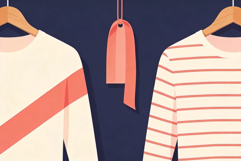 Two plain tops on hangers facing each other, the left with a single broad diagonal band and the right covered in fine horizontal stripes, a blank tag hanging between them, symbolising a court comparing garment stripe decoration with a registered stripe mark