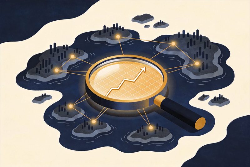 Glowing regional network of island-shaped data nodes converging on a magnifying glass combined with a trend chart, symbolising ASEAN IP data moving from search to portfolio analysis