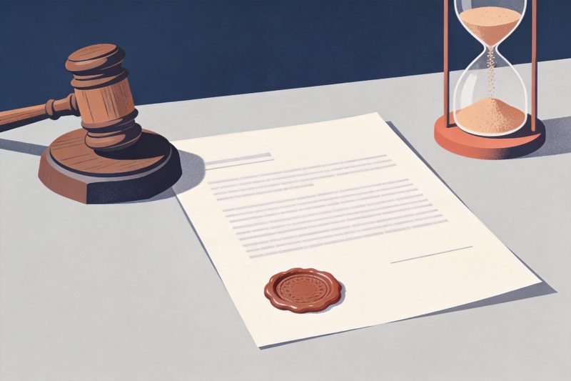 Un documento de certificado oficial con un sello redondo sobre un escritorio neutro, junto a un pequeño mazo de madera y un reloj de arena; simboliza una marca registrada que aún puede revocarse dentro de un plazo limitado; sin texto, números, logotipos, marcas ni mapas.