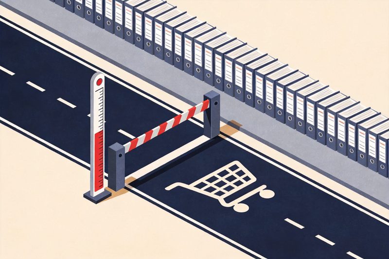 Express trade mark examination lane marked with a shopping-cart symbol closed by a lowered barrier beside a full capacity gauge, while trade mark files keep moving slowly in the ordinary queue, symbolising Brazil's exhausted marketplace priority quota