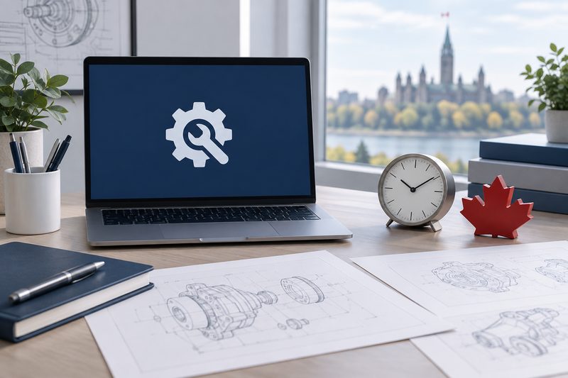 Laptop showing a maintenance icon beside patent drawings, a clock and a red maple leaf ornament