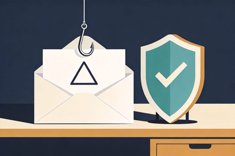 Una carta abierta sobre una mesa con un símbolo de triángulo de advertencia, un anzuelo colgando detrás de la carta y un escudo con una marca de verificación al lado, símbolo de reconocer cartas de estafa de propiedad intelectual que suplantan a organismos oficiales y verificarlas