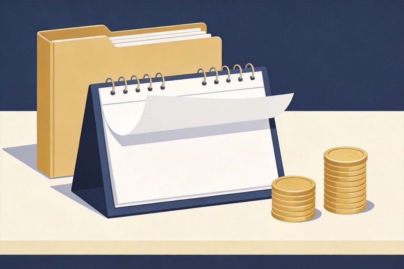 A desk calendar with a page turning over, beside two small stacks of coins with the right-hand stack clearly taller than the left, and a trademark registration folder behind them, symbolising the small increase in Canada's Madrid individual fee from the new year
