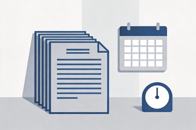 Concept image of a stack of application documents beside a calendar and clock, illustrating the transition deadline between the old and new Swiss patent examination rules