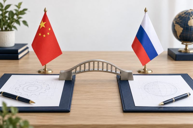 中俄国旗与文件夹之间放置桥梁模型的知识产权咨询概念图