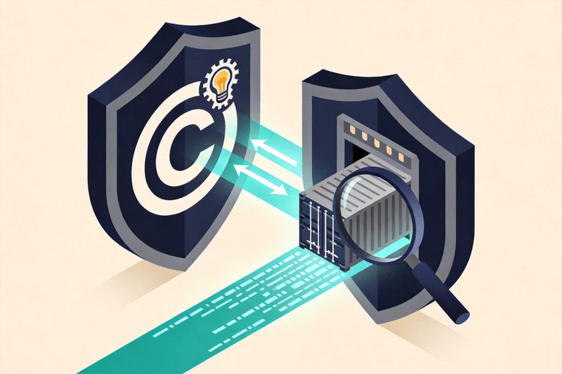 Two shield badges linked by a two-way data-stream ribbon: the left with copyright and registered-trademark symbols and a gear-lightbulb, the right a customs gateway with a shipping container, plus a magnifying glass — CNIPA and China Customs sharing IP data for cross-border enforcement