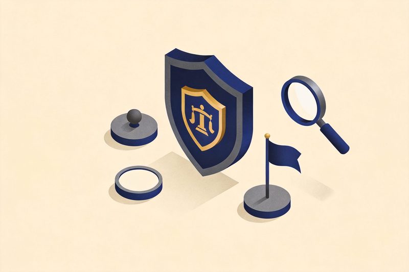 Several abstract emblems, flags and letter-abbreviation discs arranged inside a shield-shaped protection mark, with a magnifying glass beside them, symbolising official signs placed under protection and the need for stronger trademark searching