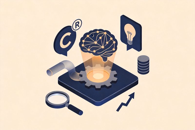 A glowing brain-shaped network linked to IP symbols (copyright, trademark, a lightbulb), data streams feeding a gear-marked service platform, with a magnifying glass and a rising curve, symbolising CNIPA advancing AI-plus-IP public services and high-quality datasets