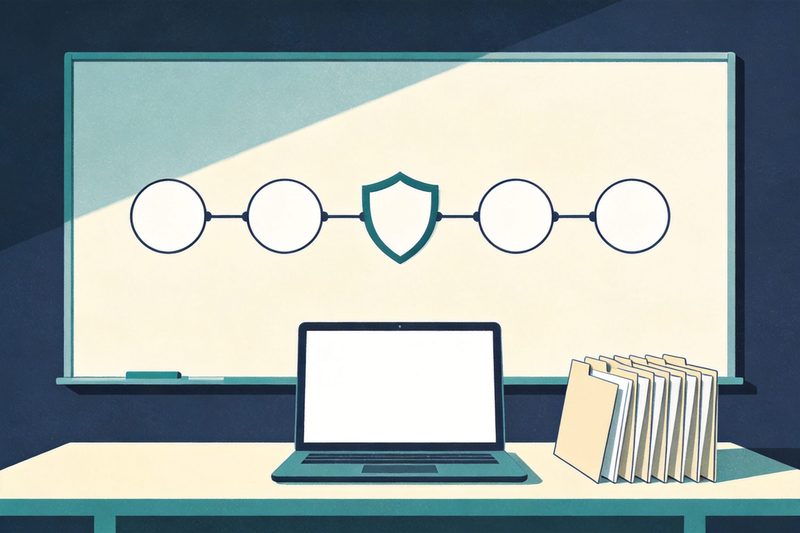 A whiteboard with five blank circular nodes joined by lines, one node covered by a shield shape, and on the desk in front a laptop with a blank screen beside a stack of folders, symbolising enterprises embedding intellectual property review into each business stage