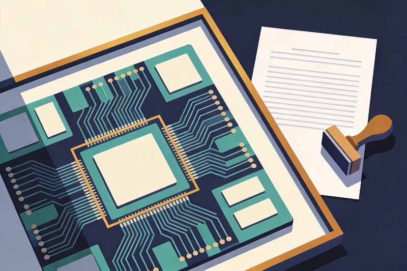 Vista superior de un esquema de chip formado por capas de pistas de colores, con una zona resaltada en un recuadro y un documento y un sello al lado, símbolo de la declaración y el examen de las partes originales en el registro de esquemas de trazado