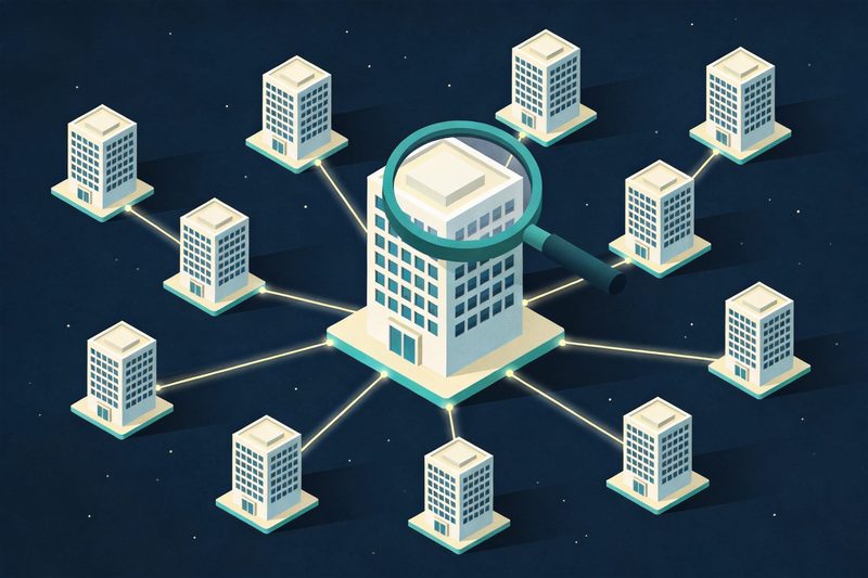 Several small office building icons joined into a network by glowing lines, a slightly larger building at the centre and a magnifying glass hovering over one node, symbolising European patent offices sharing search and AI tools through IT co-operation