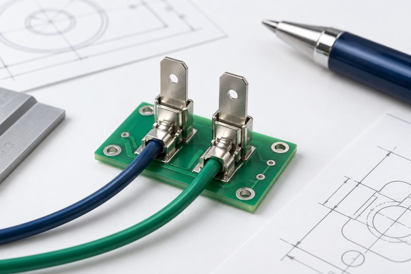Terminales compartidos en una placa de circuito junto a planos técnicos, como concepto de simplificación eléctrica