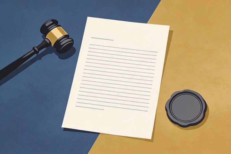 A flat editorial illustration: a blank patent document in the centre, a judge's gavel on the left and a blank stamp on the right, tilting in opposite directions to suggest two bodies reaching opposite results; muted palette, neutral background; no text, numbers, logos, brand names, flags or maps.