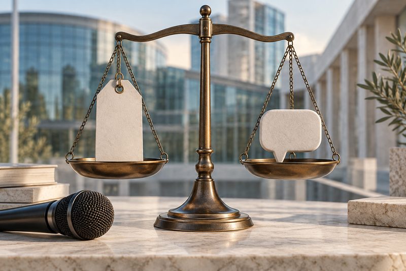 Scales balancing an unbranded product tag and a speech bubble beside a microphone