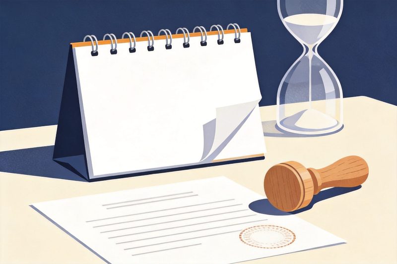 An open desk calendar with a page being turned, beside a blank round stamp and a blank certificate bearing a stamp mark, with an hourglass standing behind the certificate, symbolising a penalty-free trade mark renewal window extended again but running out