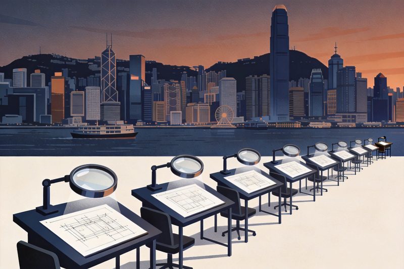 Una fila de mesas de examinadores de patentes, cada una con una lupa sobre planos técnicos, que se amplía mesa a mesa ante un perfil estilizado del puerto, símbolo de la ampliación del equipo de examen propio de patentes de concesión original de Hong Kong