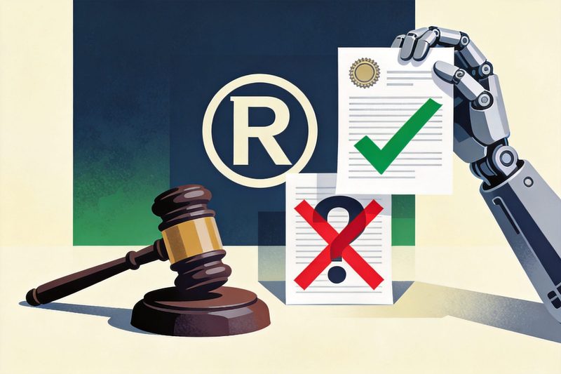 Junto a un mazo, una mano robótica con un chip de IA entrega un documento hacia un símbolo de marca; un documento lleva un sello con visto, otro con interrogación aparece tachado en rojo: la propuesta de la India de declarar y verificar el contenido generado por IA en marcas