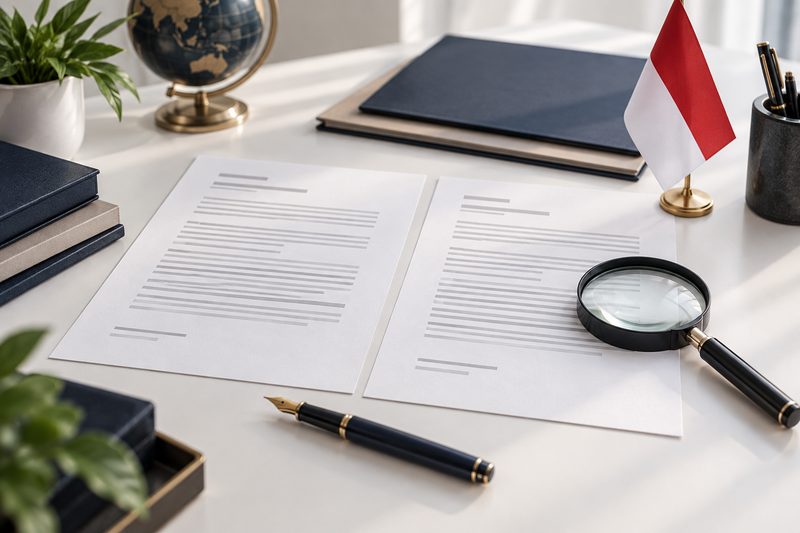 Documents, a magnifying glass and a pen beside an Indonesian flag, illustrating review of trademark transfer papers and translations
