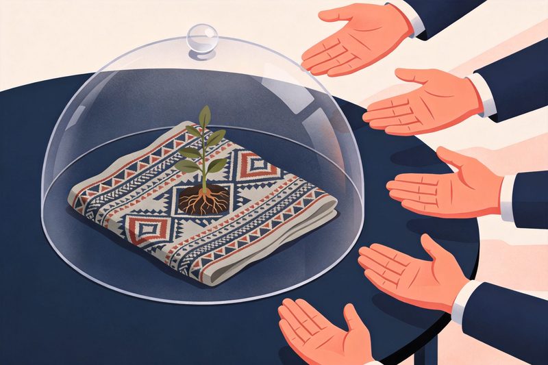 A cloth woven with traditional geometric patterns and a rooted plant under a transparent protective dome, with reaching hands held off outside it, beside the edge of a round conference table, symbolising the push at WIPO to protect traditional knowledge from misappropriation
