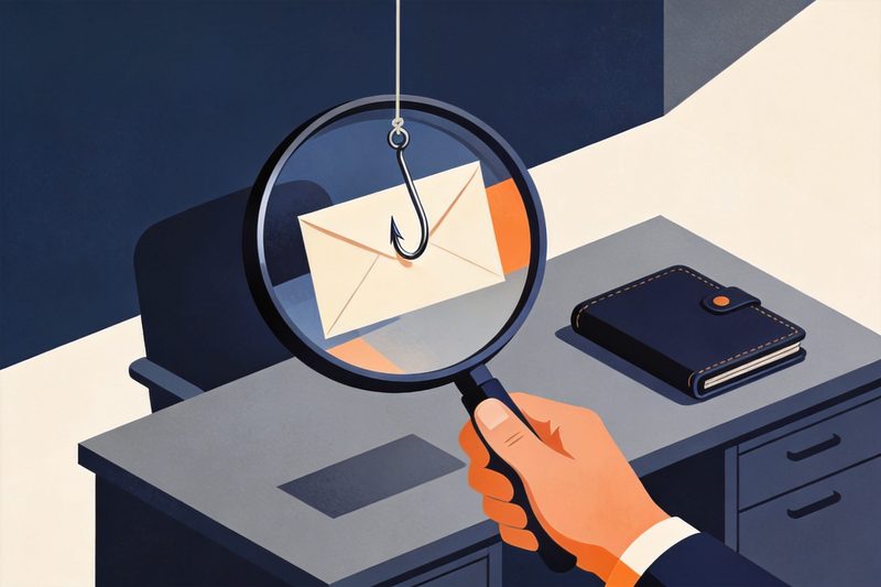 A blank envelope dangling from a fishing hook as bait above an office desk, a hand holding a magnifying glass that exposes the hook behind it while the wallet on the desk stays closed, symbolising how to spot fee-scam emails impersonating IP Australia