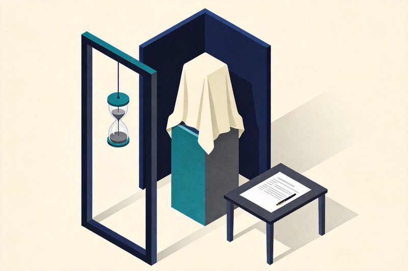 An exhibition stand with a product model under a cloth cover, a blank application form and a pen on the table beside it, and an hourglass hanging in front of the stand, symbolising filing before showing an invention or design and watching the timing of disclosure