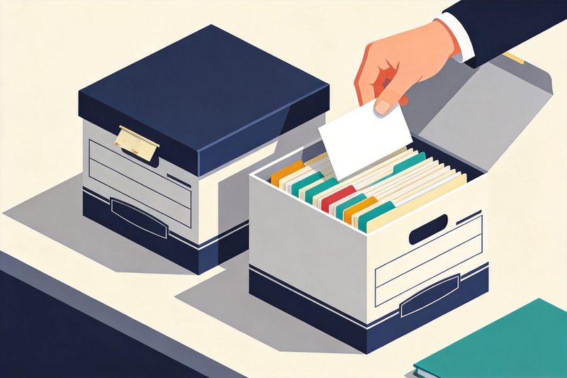 Two index card boxes side by side on a desk, the left one closed with worn tabs and the right one open with fresh coloured tabs, a hand placing a card into the right-hand box, symbolising Singapore trade mark applications switching to the new Nice Classification version from its entry into force