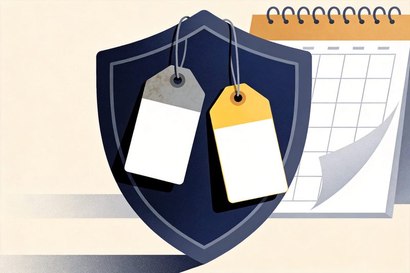 Two price tags hanging from a stylised trade mark shield, a faded old tag being replaced by a bright new one while a calendar leaf turns beside them, symbolising the coming change in the Madrid individual fee for Israel