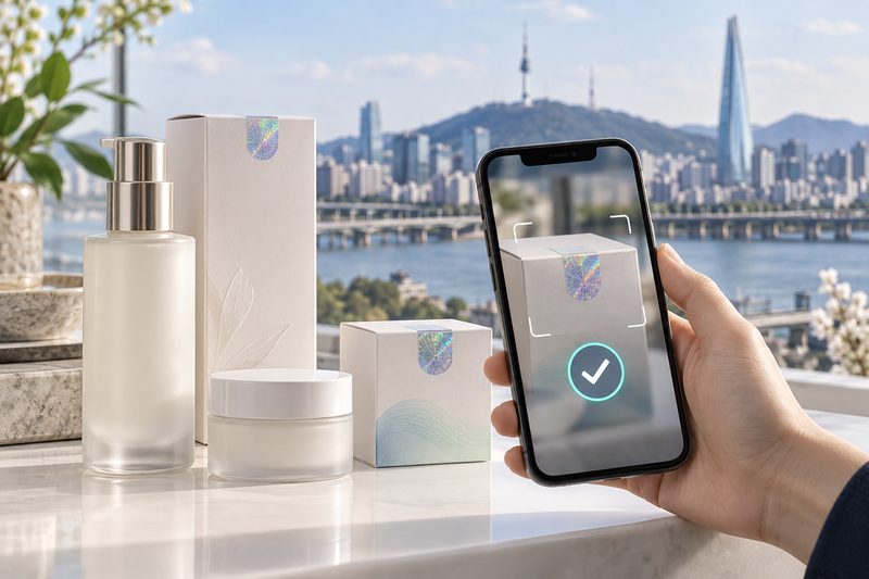 A smartphone aimed at an abstract security label on unbranded product packaging