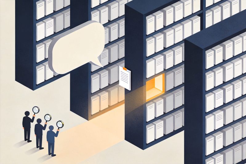 A speech bubble drifting towards shelves of patent documents, a lit path opening to one target document, and a few figures with magnifying glasses looking on, symbolising KIPRIS's AI natural-language patent search under panel testing