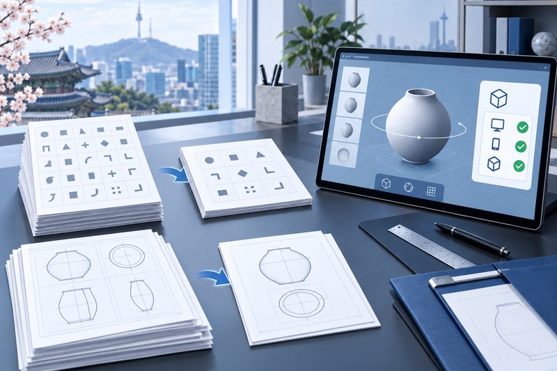 Typeface character samples beside a 3D industrial design model, illustrating simpler Korean typeface filings and 3D drawing compatibility checks