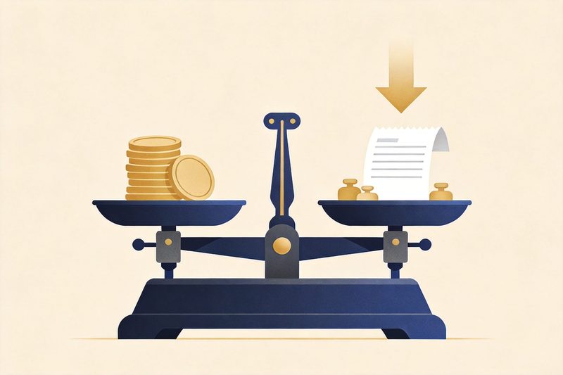 A flat editorial illustration: a stack of abstract coins and a blank receipt on one side of a balance, small abstract weights on the other, and a downward arrow suggesting a lower fee; muted palette, neutral background; no text, numbers, logos, brand names, flags or maps.