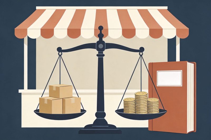 A large balance scale in front of a market stall, one pan holding a few unmarked cardboard boxes and the other a stack of coins, with a closed thick book beside it, symbolising the quantifiable commercial-scale threshold for intellectual property offences