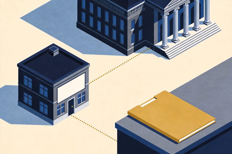 A flat editorial illustration: a patent application folder is handed in at the counter of a small local office building, with a dotted line running from it to a larger building in the distance; muted palette, neutral background; no text, numbers, logos, brand names, flags or maps.