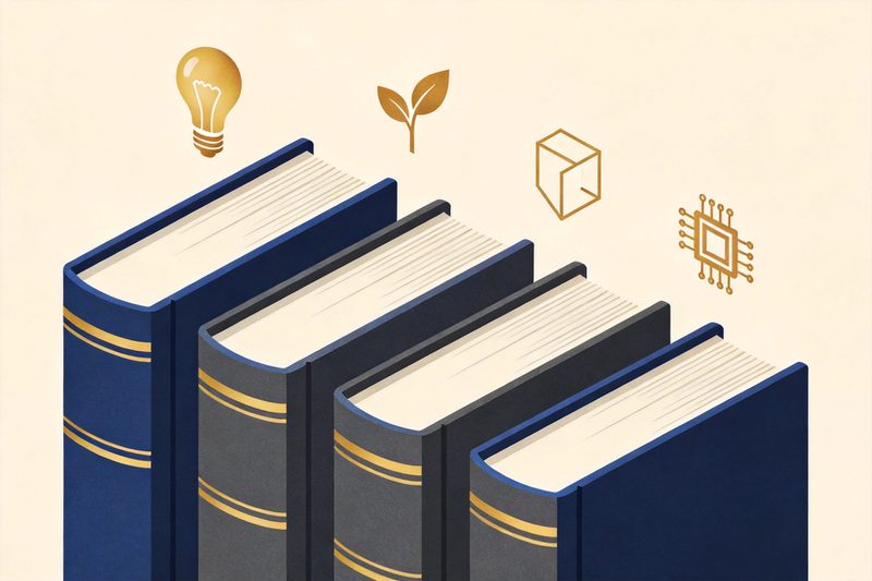 A flat editorial illustration: four law volumes side by side, beside four abstract icons — a light bulb (innovation), a plant sprout, a geometric shape (design) and a chip circuit (integrated circuits); muted palette, neutral background; no text, numbers, logos, brand names, flags or maps.