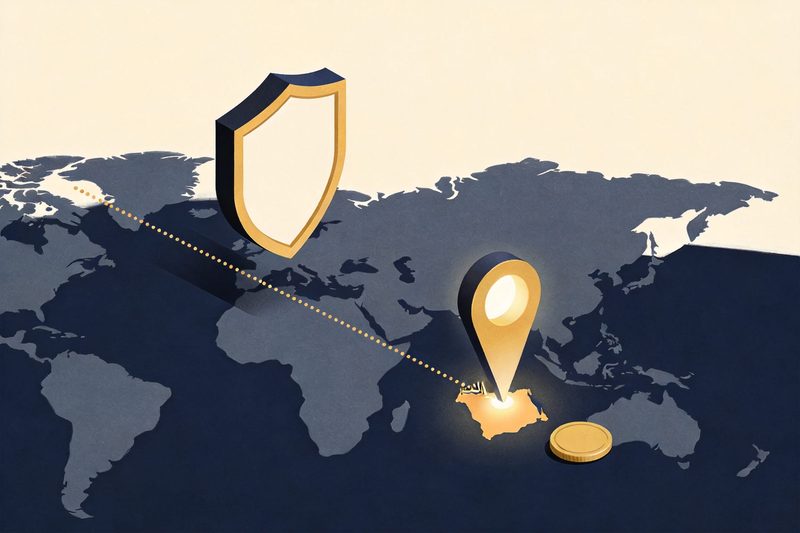 A stylised trade mark shield travelling along a dotted route across a world map and arriving at a location marker over the Arabian Peninsula, with a single coin beside it, symbolising Madrid designations of Saudi Arabia and the new individual fee