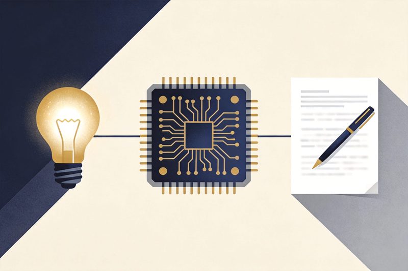 A flat editorial illustration: a stylised AI microchip linked by lines to a lightbulb (invention) and a document with a pen (a public feedback submission), on a neutral background; symbolising a public consultation on AI and intellectual property; no text, numbers, logos, brand names or maps.