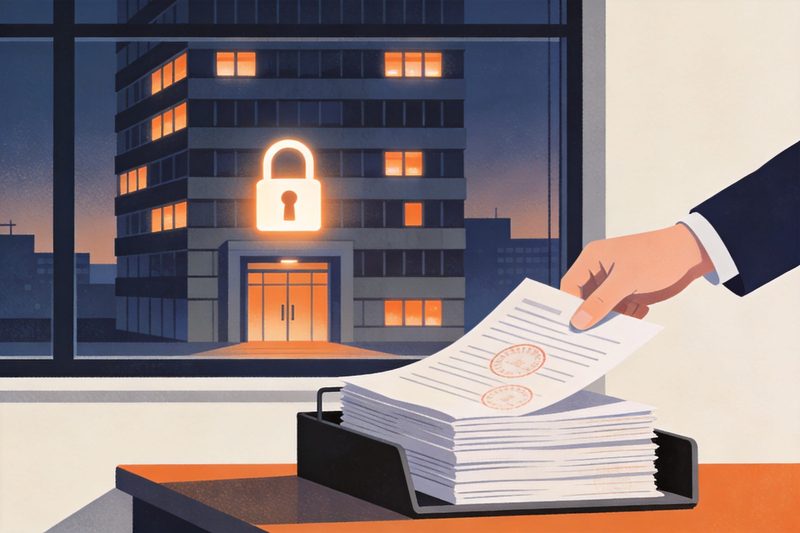 A hand placing stamped documents into an in-tray on a desk while, through the window, an office building's lights go out at dusk and a large padlock glows over its entrance, symbolising filing ahead of the CIPC planned shutdown