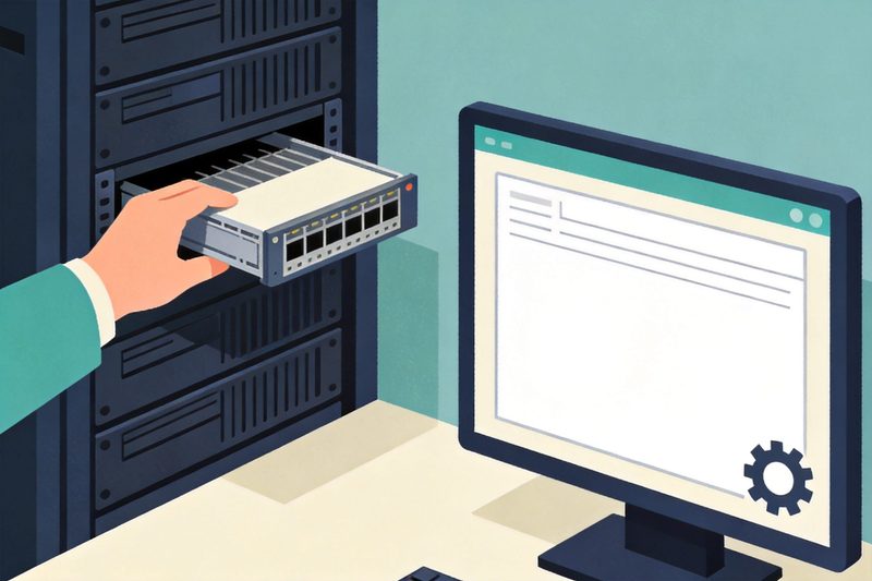 A hand sliding a new module into a server rack, with a screen in front showing an empty form window and a gear icon, symbolising a patent and trademark office continuously maintaining and upgrading its public electronic services