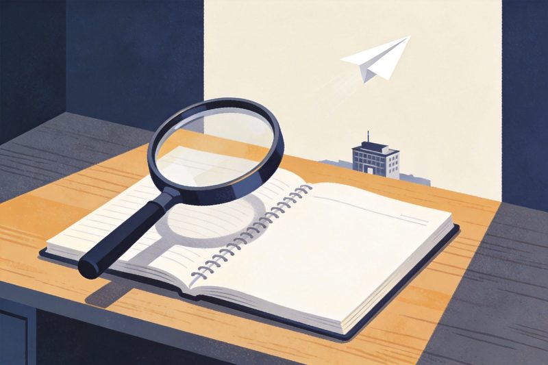 Un cuaderno de laboratorio abierto sobre un escritorio con una lupa suspendida sobre sus páginas y un avión de papel que vuela desde el cuaderno hacia una lejana silueta de oficinas, símbolo del examen de dónde se completó el contenido sustancial de una solución solicitada primero fuera