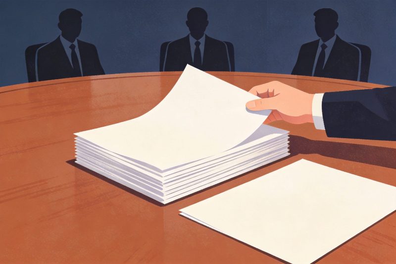 Una mesa de audiencia con una pila de páginas en blanco; una mano retira una sola página y la deja a un lado mientras las demás siguen alineadas, tres siluetas de examinadores enfrente, símbolo de eliminar reivindicaciones concretas en la audiencia de nulidad y continuar el examen