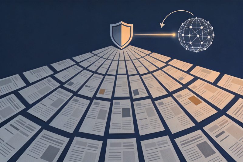 Many newspaper and media placeholder tiles gathering under a single shield-shaped standards badge, with a data line running from the badge to a glowing AI network sphere and a return arrow, symbolising a publisher coalition setting shared measurement and licensing standards for AI use of news