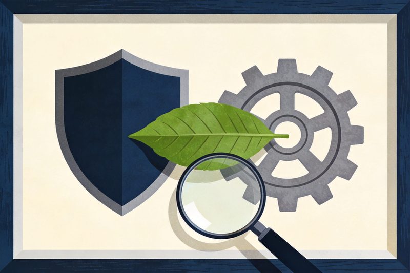 Inside one picture frame a blank shield for trademarks and a gear for patents are bridged by a green leaf, with a magnifying glass below inspecting the leaf, symbolising green trademarks, green patents and anti-greenwashing in one framework