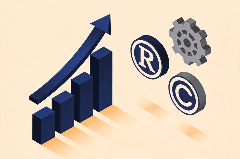 An upward bar-and-trend chart beside an ® mark for trademarks, a gearwheel for patents and a © mark for copyright, over a pale silhouette of Thailand, symbolising overall growth in Thai intellectual-property applications