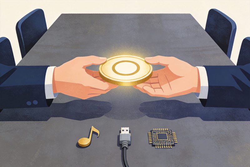 Two hands exchanging a glowing copyright disc across a conference table on which three small objects sit in a row, a musical note, a network plug and a circuit chip, symbolising the three topics of the Thailand-China copyright talks