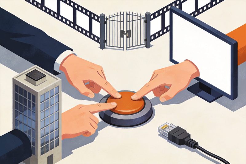 Three hands, from a government building, a platform screen and a network cable, pressing one large button together while a gate cuts off a playing film strip above, symbolising Thailand's regulator, platforms and ISPs jointly blocking film piracy