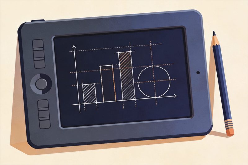 A flat editorial illustration: a design-patent drawing with a device screen at the centre, the screen showing an abstract graphical interface outline drawn in dashed and solid design-patent lines, with a pencil beside it; neutral background; no text, numbers, logos, brand names or maps.