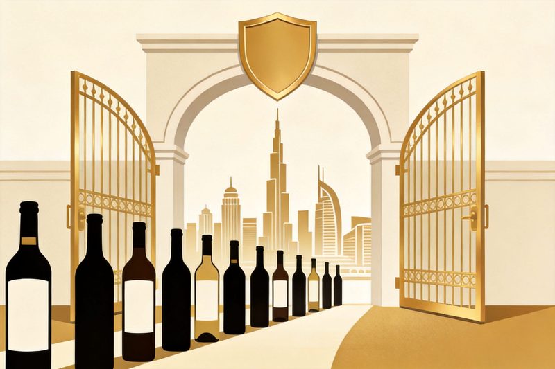 A line of unlabelled wine and spirit bottle silhouettes queuing toward an archway whose golden gate has just swung open, a blank golden shield on the keystone and a stylised Dubai skyline behind, symbolising the UAE trade mark register opening to Class 33 alcohol brands