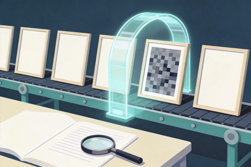 Una fila de marcos de imagen en blanco pasa por un arco de escaneo translúcido, uno de ellos cubierto por una máscara gris pixelada, junto a un documento abierto con una lupa, símbolo de la comparación rasgo por rasgo de un sistema de moderación con IA frente a las reivindicaciones
